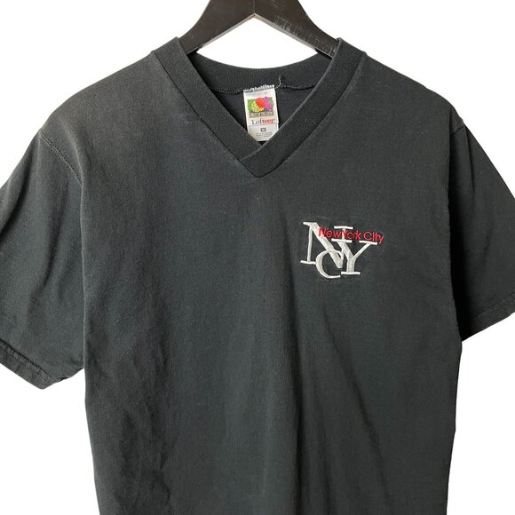 NYC Vintage 1990s Black V-Neck T-Shirt Fruit of the Loom S Unisex Fit - Picture 1 of 14